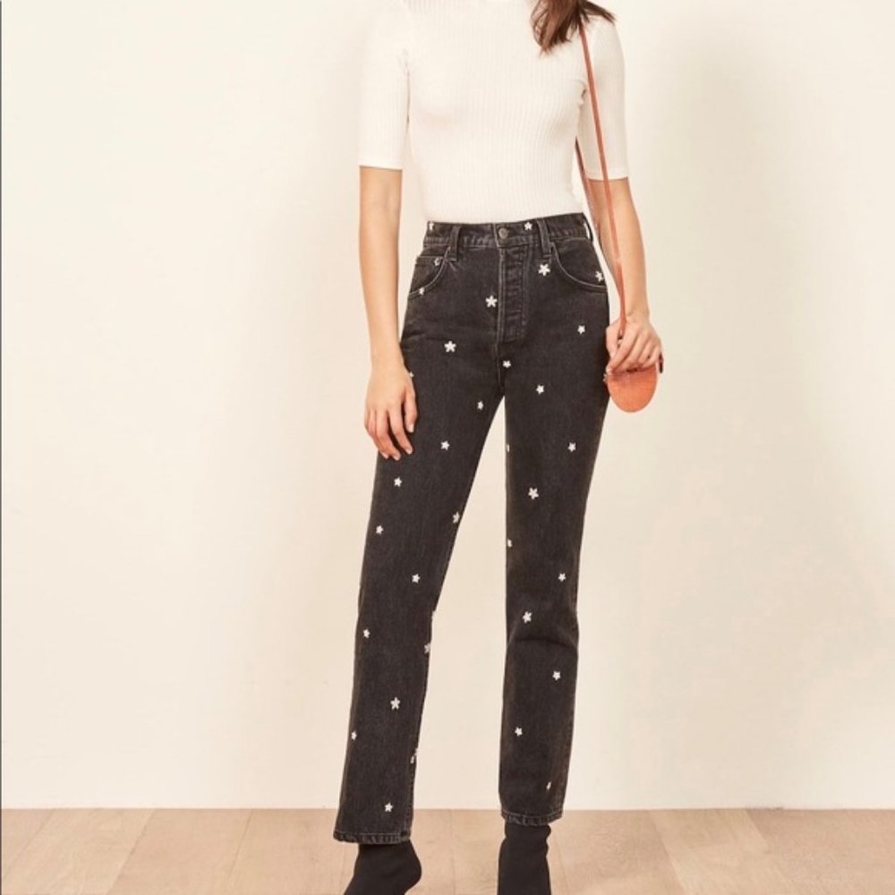 Reformation Black Straight Leg Jeans with White Floral Embroidery - Picture 2 of 2